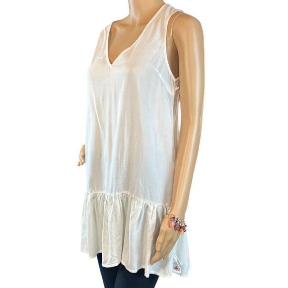 Renamed White Sleeveless V-Neck Tunic Top With Ruffle Hem & Sheer Back Panel - Picture 2 of 5